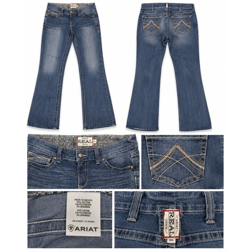 Ariat REAL Womens Jeans 32L Bootcut Blue Denim Western Cowgirl Stretch Embroider
